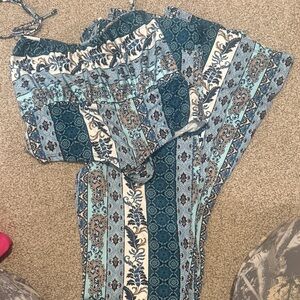 Fashion Nova Teal, Aqua & White Patterned Two-Piece Set
